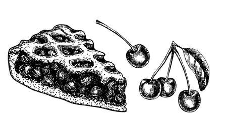 Sketch isolated slice of cherry pie. Hand drawn illustration home bake on white background. Berry pie.のイラスト素材