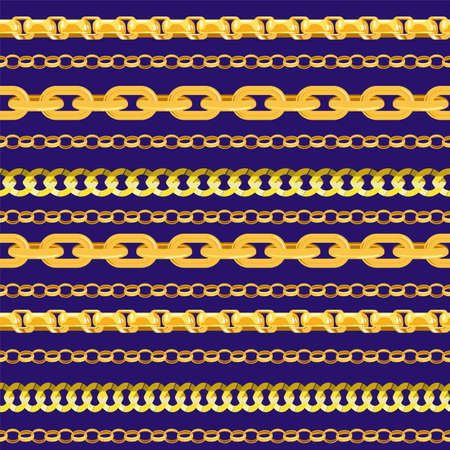 Horizontal chain seamless pattern. Gold chains elements, vector golden jewellery endless objects for necklaces and chains isolated on black backgroundのイラスト素材