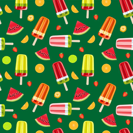 Ice cream, fruit ice seamless pattern. Colorful summer seamless pattern with tropical fruits and ice cream. Wrapping paper, fabric, wallpaper, background design.のイラスト素材