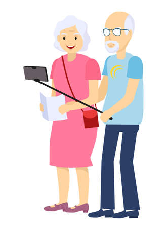 Grandparents tourists. Elderly Couple Vector. Taking Selfie. Grandfather And Grandmother. Face Emotions. Happy People Together. Isolated Flat Cartoon Illustrationのイラスト素材