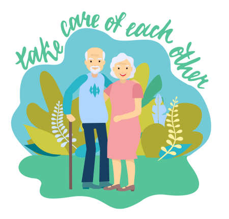 Caring elderly couple. Joyful nice elderly couple smiling while being in a great mood. Happy grandparents cheering adults, cheerful old male and female portrait in love, smiling elderly seniors hugのイラスト素材