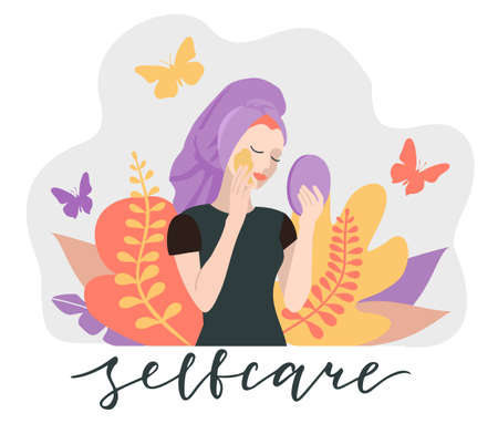 Love yourself. Love your body concept. Girl Healthcare Skincare. Take time for yourself. Relax. Vector lifestyle concept card with text selfcare.のイラスト素材