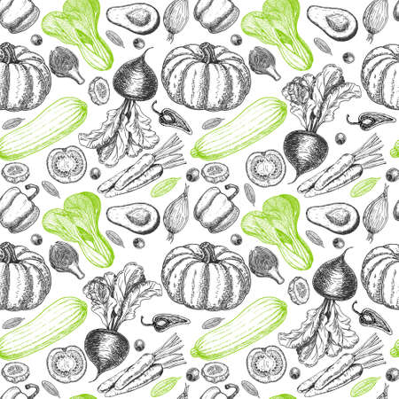 Seamless pattern with sketch of vegetables and spices. Vegetables background. Healthy food. Vegetables on white background. Vector illustrationの写真素材