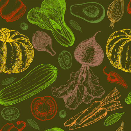 Seamless pattern with sketch of vegetables. Vegetables background. Healthy food. Vegetables on white background. Colored vegetables seamless background. Vector illustrationのイラスト素材