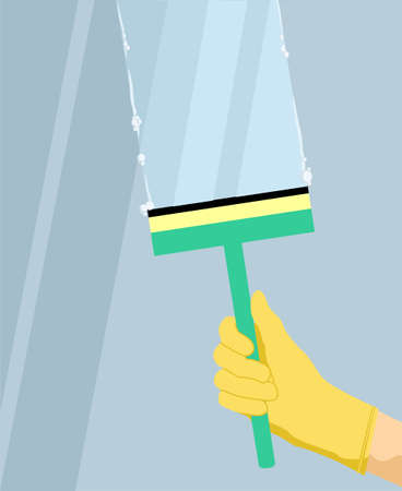 Wash glass window concept banner. Hand in a yellow glove with squeegee, scraper, wiper washes a window. Cartoon illustration of wash glass window vector concept banner for web designのイラスト素材