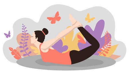 Girl on nature. of Good Health concept. Practice of yoga. Vector illustration. Young and happy woman meditatingのイラスト素材