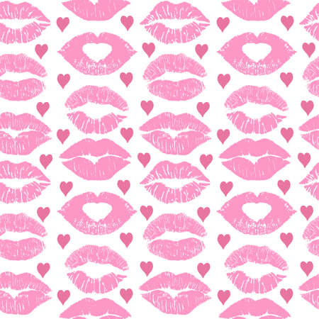 Lipstick kiss print isolated seamless pattern. Vector lips set. Different shapes of female sexy red lips. Sexy lips makeup, kiss mouth. Female mouth. Print of lips kiss vector background.のイラスト素材