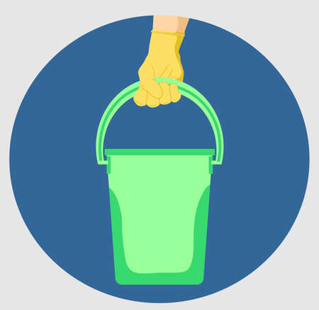 Hand with rubber glove and bucket housekeeping accessory vector illustration design. House cleaning concept.のイラスト素材