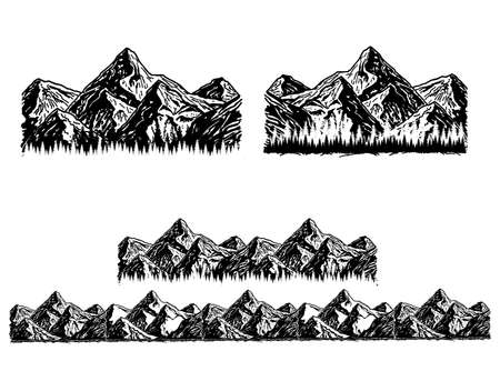 Set of black and white mountain. Silhouettes of the mountains, highlands, rocky landscapes, hills on white background. Vector set of outdoor design elements.のイラスト素材
