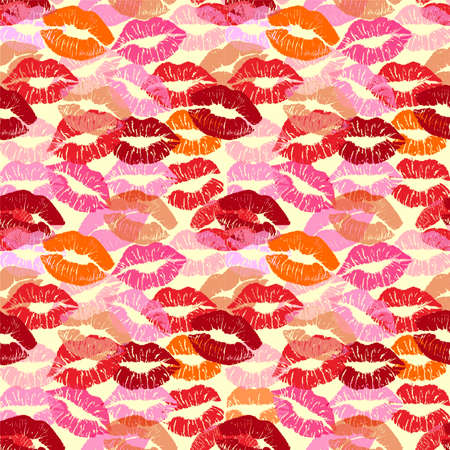 Lipstick kiss print isolated seamless pattern. Vector lips set. Different shapes of female sexy red lips. Sexy lips makeup, kiss mouth. Female mouth. Print of lips kiss vector background.の写真素材