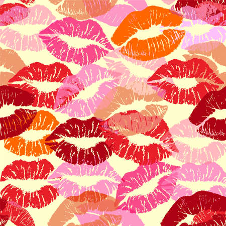 Lipstick kiss print isolated seamless pattern. Vector lips set. Different shapes of female sexy red lips. Sexy lips makeup, kiss mouth.のイラスト素材