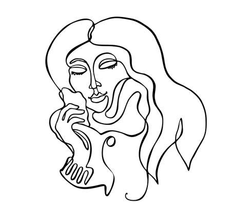 Continuous line drawing of beautiful woman on white background. Woman one line art portrait.のイラスト素材
