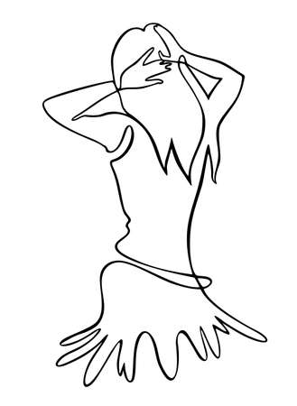 Continuous line drawing of young woman from the back. One line art woman portrait. Dancing woman drawn by line.のイラスト素材