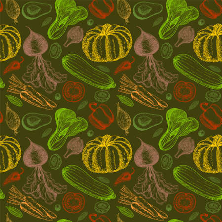 Seamless pattern with sketch of vegetables. Vegetables background. Healthy food. Vegetables on white background. Colored vegetables seamless background. Vector illustrationの写真素材