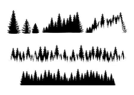 Set of forest silhouetts. Tree collection, Forest silhouette, isolated on white, vector illustration.のイラスト素材