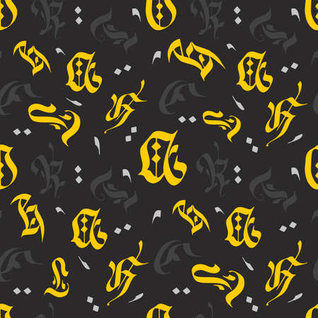 Seamless pattern of gothic letters. Decorative seamless background from letters of the Gothic alphabet on a black background.のイラスト素材