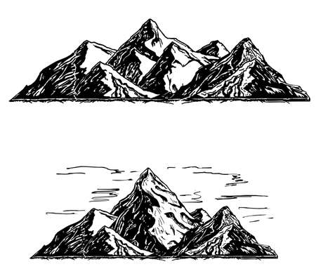 Set of black and white mountain. Silhouettes of the mountains, highlands, rocky landscapes, hills on white background. Vector set of outdoor design elements.のイラスト素材