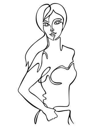 One continuous single drawn line art beautiful woman. Cute girl posing with long hairのイラスト素材