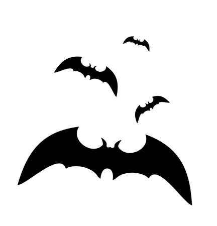 Black silhouettes of bats. Cave black bats group isolated on white vector Halloween background. Silhouettes of flying bats traditional Halloween symbols on white.のイラスト素材