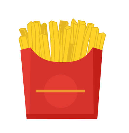 Large french fries fast food. French Fries potato fast food in red carton package box. Isolated on white background flat vector design.のイラスト素材