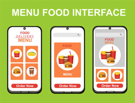 Delivery food design kit for app. Online fast food screens with food menu, order and payment. Express delivery and catering service template set. GUI for responsive mobile application.のイラスト素材