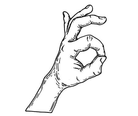Vector sketch Ok gesture. Ok sign with fingers. Icon of ok. Vector black vintage engraved illustration isolated on white background.のイラスト素材