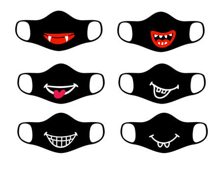 Set of designs of reusable mouth funny masks in vector. Broad smile print design for medical, face mask. Smile template for virus protective mask. Mouth with tongue drawing. Vector illustrationのイラスト素材