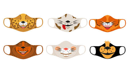Set of designs o reusable mouth kids funny masks with animals faces in vector. Fashion medical black mask. Anti Corona virus COVID-19. Face mask designのイラスト素材