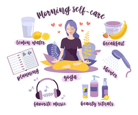 Morning self-care. Woman self care concept. Morning routine, home activity. A young girl doing her morning routine yoga practice, drinking lemon water, shower, breakfast, beauty rituals, planningのイラスト素材