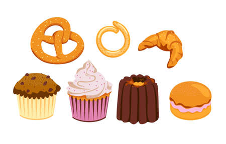 Set of flour products from bakery or pastry shop. Vector illustration.のイラスト素材