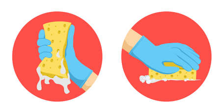 Hand in blue glove holding sponge.Hand with rubber glove and sponge housekeeping accessory. Set. vector illustration design.のイラスト素材