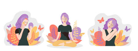 Love yourself Girls set. lifestyle concept card. Motivation to take time for yourself cosmetic procedures, created, do yoga. Cartoon colorful flat style illustrationのイラスト素材