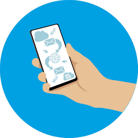 Hand holding smart phone in hand with email social network. Smartphone with new message concept. Hand holding smartphone with email symbol on the screen.のイラスト素材