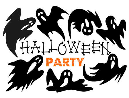 Happy Halloween art banner with scary ghost cartoon silhouettes. Vector illustration. Holiday design with hand lettering greeting. Party poster, banner, labelのイラスト素材
