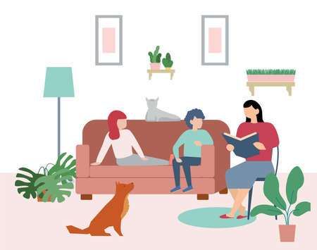 Reading with children at home. Mom reading for kids. Family sitting on the sofa with book.のイラスト素材