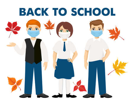 Back to school. Children uniform wearing sanitary masks. New normal concept. Friends at the school. Children in uniform.のイラスト素材
