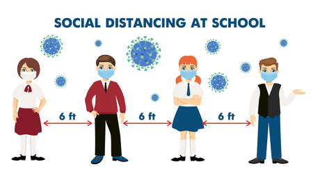 Back to school new normal lifestyle concept. Students wearing masks stand at social distance. Kids wearing face mask and social distancing is used to protect children from coronavirus covid 19. School after pandemicのイラスト素材