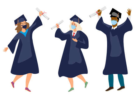 Students in medical mask. Graduates in protective medical masks celebrate 2020 graduation during coronavirus quarantine. Boys and girls having fun jump and toss up mortarboards and diplomasのイラスト素材