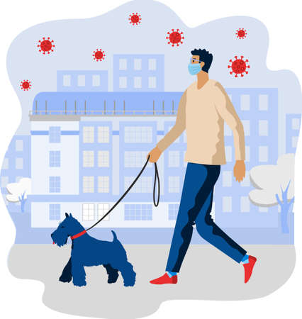 Young man wearing face masks walking with a dogs. Walks with his pet during quarantine, coronavirus flies in the air, covid-19 conceptのイラスト素材