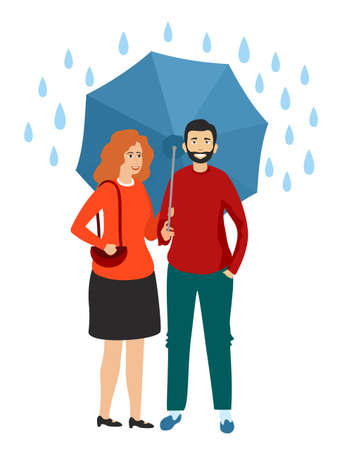 Family man and girl holding an umbrella in the rain. Vector illustration on white background in flat style.のイラスト素材