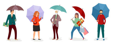 Men and girls holding an umbrella in the rain. Vector illustration on white background in flat style. setのイラスト素材