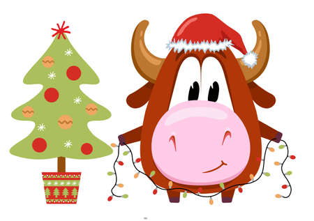 The symbol of 2021 is cute cow or bull. Character for a children s book or postcard. A calf in a red hat decorating a Christmas tree.のイラスト素材