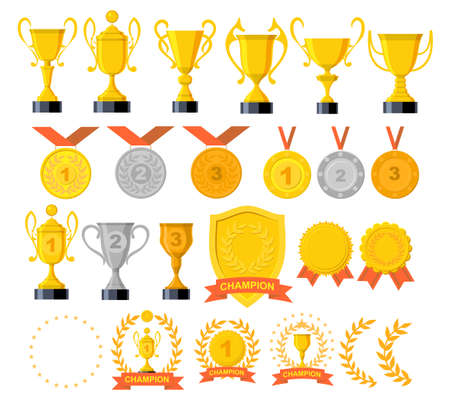 Trophy and awards icons set. Golden reward and gold trophy for championship. Vector illustrationのイラスト素材