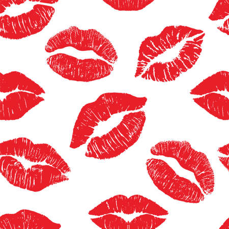 Imprint kiss, Female lipstick kiss print set for valentine day and love illustration isolated on white background. seamless patternのイラスト素材