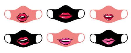 Reusable mouth kids funny masks with jungle animals faces in vector. Set of designs masked animalsのイラスト素材