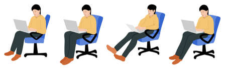 Man on a chair on laptop working at home, coworking space, concept illustration. People at home in quarantine. Vector flat style illustration setのイラスト素材