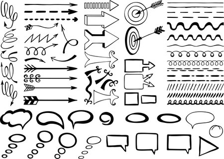 Hand drawn vector doodle design elements. Hand drawn arrows, frames, borders, icons and symbols. Sketch style infographics elements.のイラスト素材