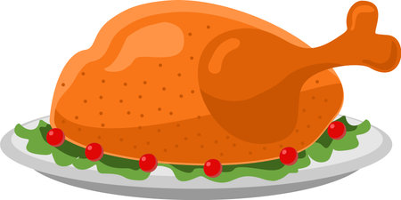Turkey vector flat icon illustration thanksgiving day on dish. Roasted turkeyのイラスト素材