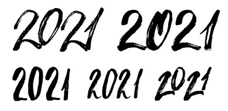 2021 text logo set. Hands sketched the numbers of the new year. 2021 lettering set. Set of new year 2021 lettering. Vector template for t-shirts, invitations, cards, prints, labels.のイラスト素材