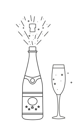 Glass and a bottle of champagne icon. Line drawing. Vector illustrationのイラスト素材